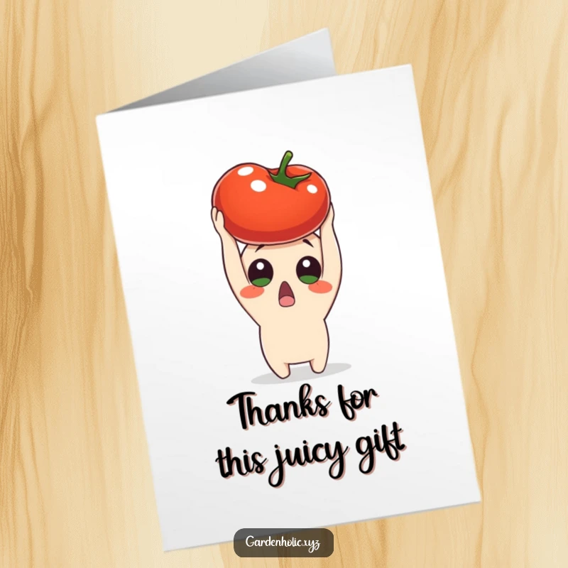 Funny Free Printable thank you card showing a surprised character holding a perfectly ripe tomato overhead as a thank you.