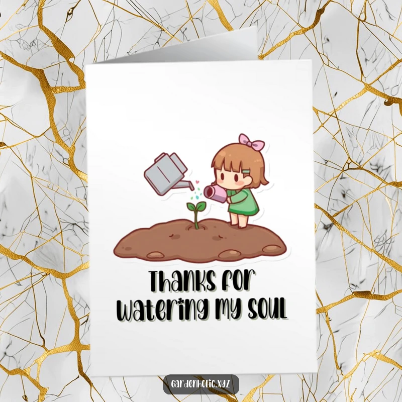 Funny free printable thank you card of a small character gently watering a tiny sprout with a watering can.