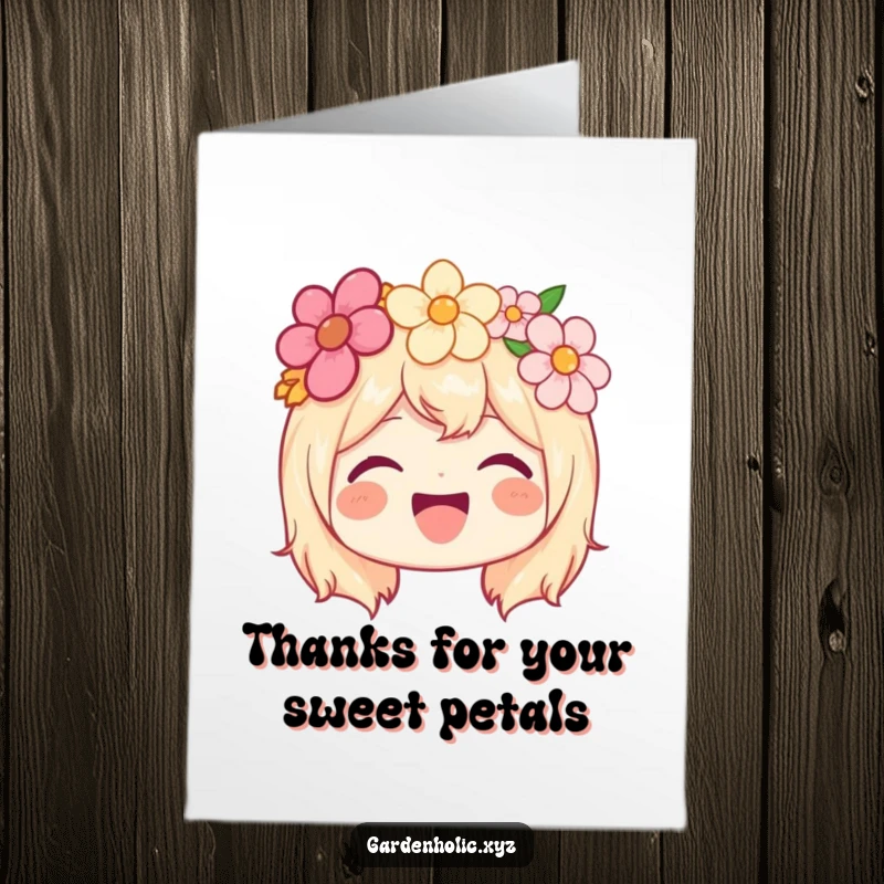 Funny Free Printable Thank You Card: Joyful character wearing a flower crown, beaming with heartfelt appreciation.