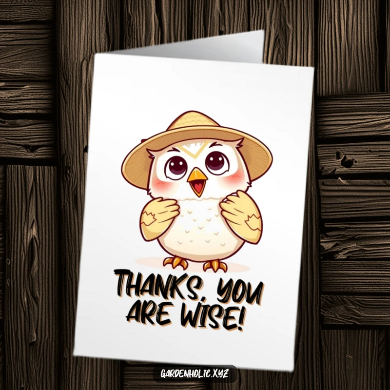Funny Free Printable Thank You Card: Delighted owl in a straw hat, fanning itself, radiating calm.