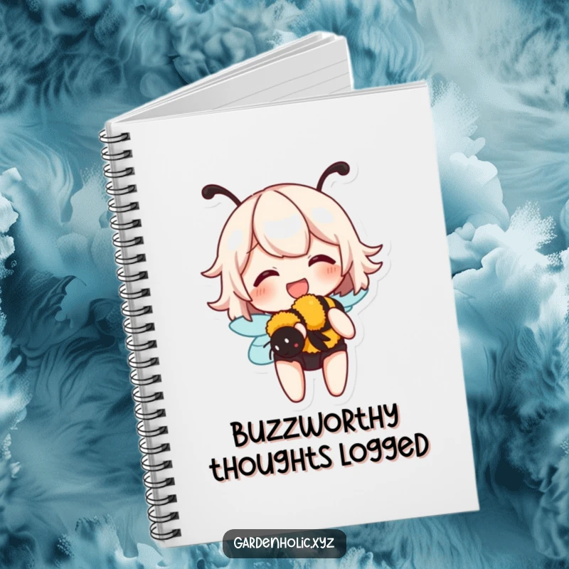 Funny notebook illustration of a character giggling while gently holding a buzzing bumblebee, encouraging creativity and nature appreciation.