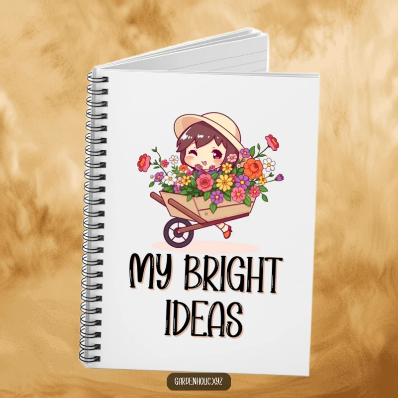 Funny notebook cover with a character exuding playful swagger while carrying a wheelbarrow full of blooms.