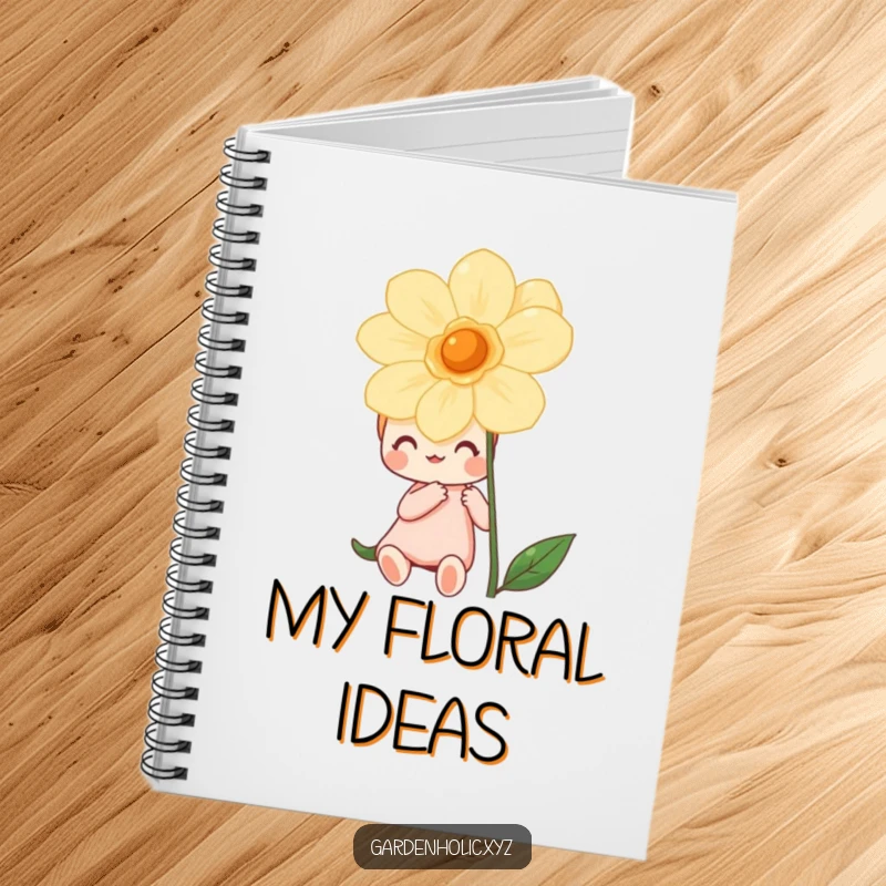 Funny notebook with a happy character admiring a vibrant, blooming flower, perfect for journaling or sketching creative ideas.