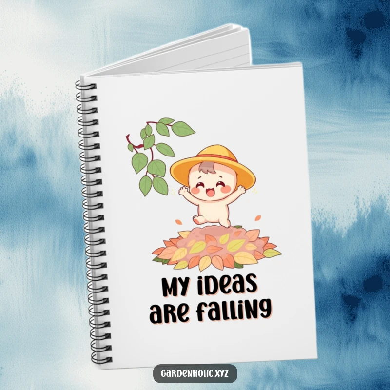 Funny notebook with a joyful character in a sun hat bouncing on a pile of autumn leaves, perfect for jotting down happy thoughts.