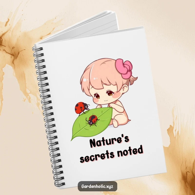 Funny curious character examining a ladybug on a leaf, featured on a notebook cover, ideal for noting discoveries and thoughts, a useful funny gift.