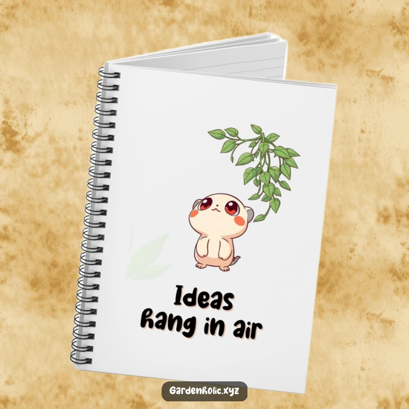 Funny notebook cover with a creature's wide, expressive eyes looking up at a hanging plant, ideal for journaling and creative ideas.