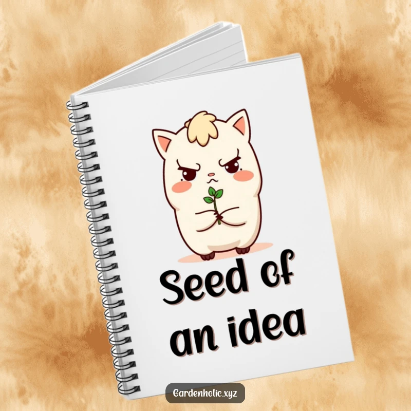 Funny notebook with a determined character offering a tiny sprout, encouraging note-taking and creativity, a useful and funny gift.