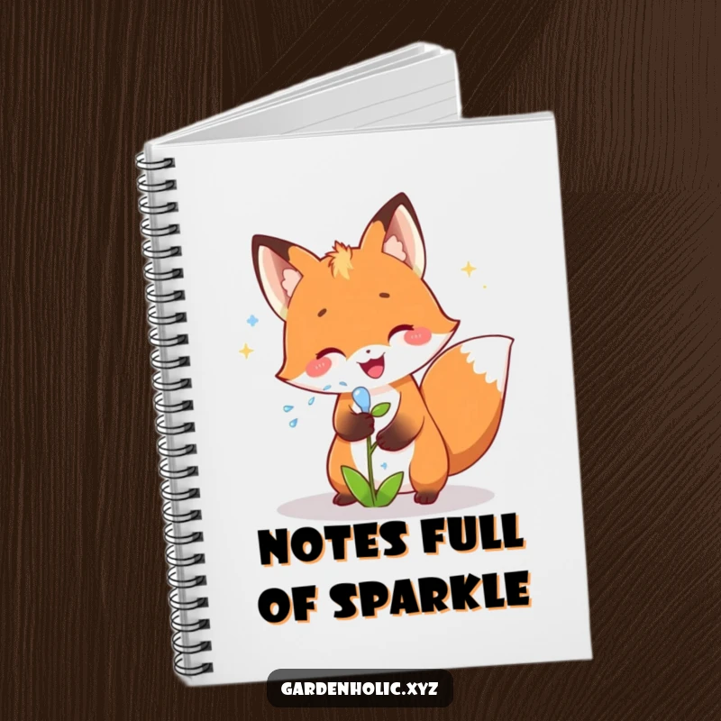 Funny fox notebook featuring a joyful fox showering a small plant with sparkling water, perfect for jotting notes with a fun gift.