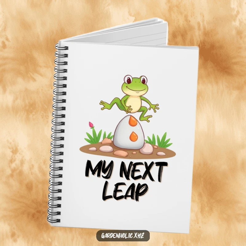 Funny Notebook: A playful frog character humorously vaulting over a garden gnome, ideal for jotting down notes or sketches.