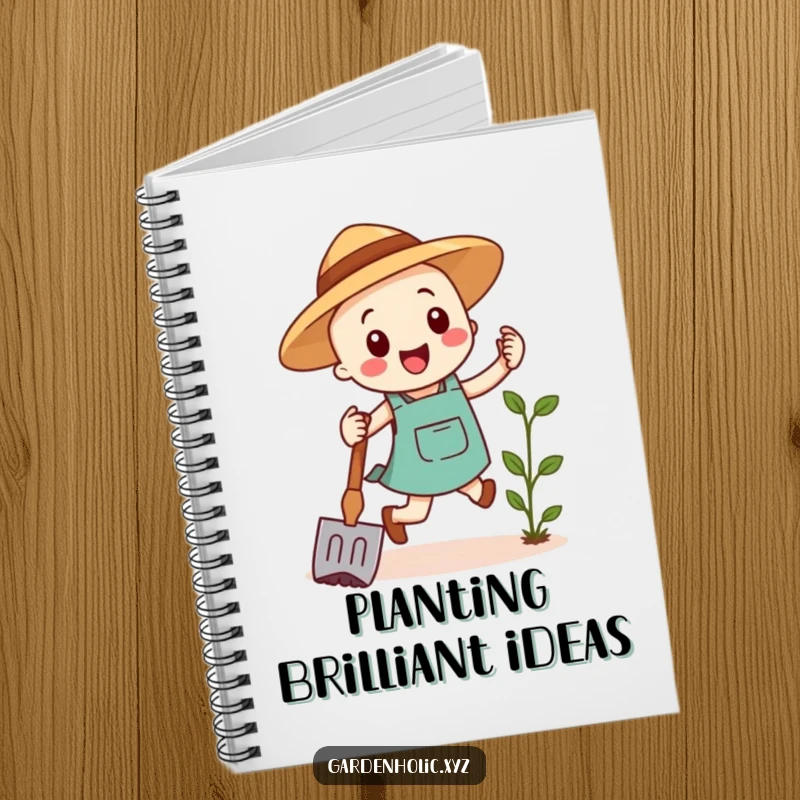 Funny notebook with a cheerful gardening hoe mid-hop, perfect for jotting notes with a dose of garden-themed humor.