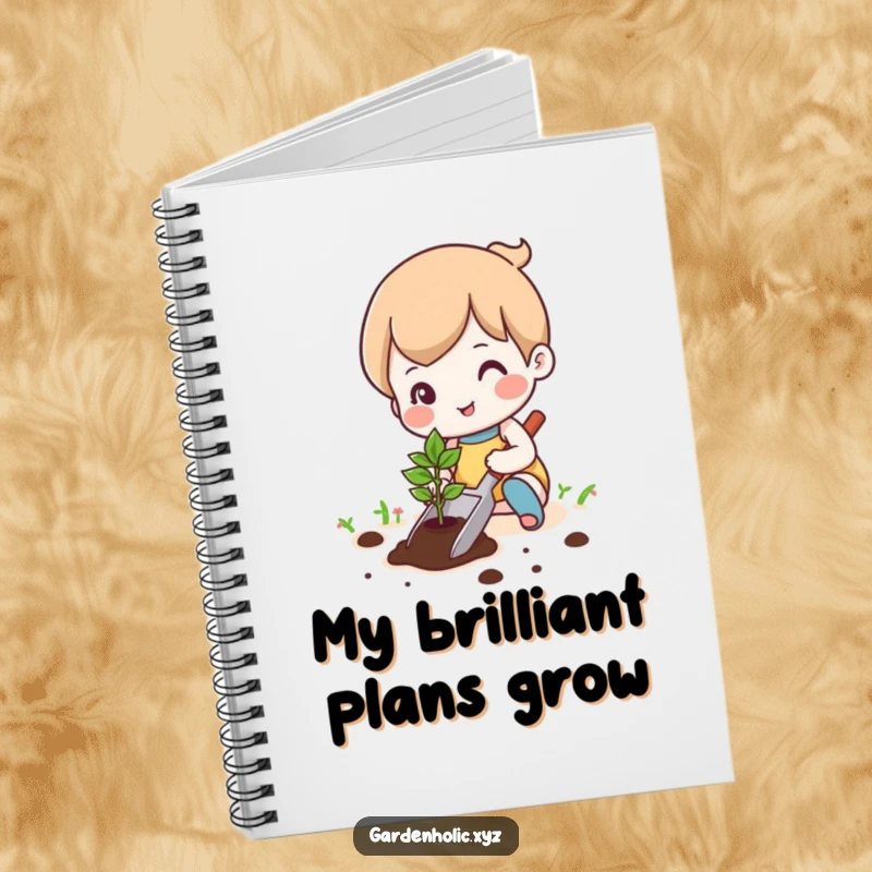 Funny cute character happily planting a tiny seedling with a trowel on a notebook, for jotting gardening ideas, a superb funny gift.