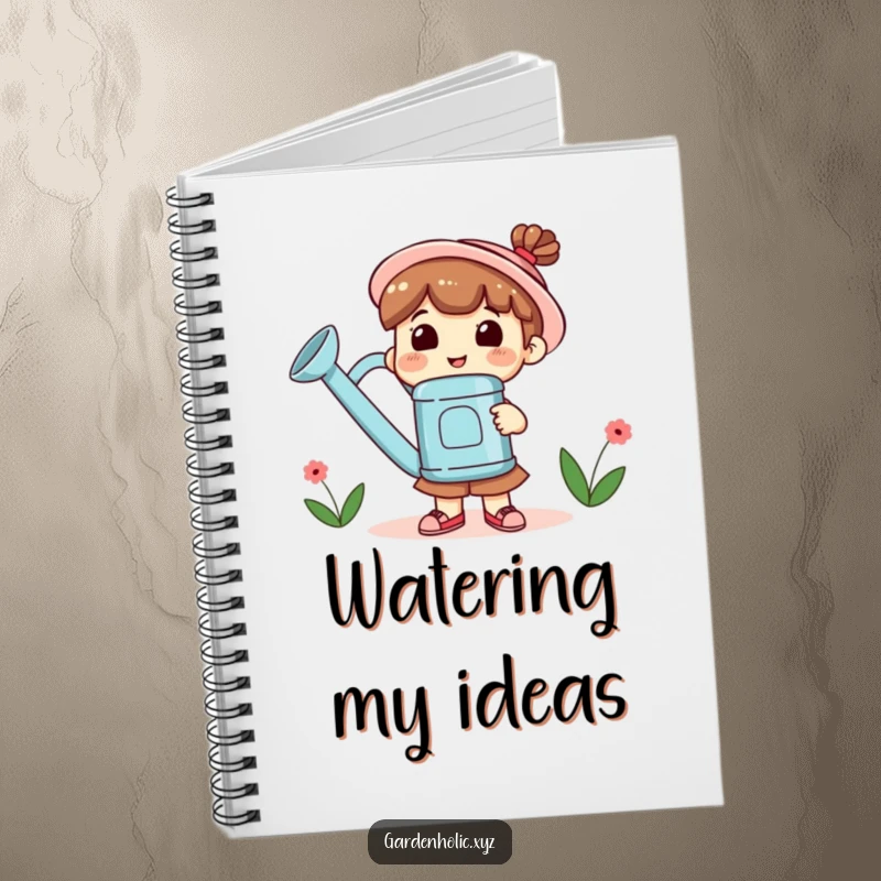 Funny Notebook with a smiling character holding a large watering can, ideal for jotting down gardening notes.