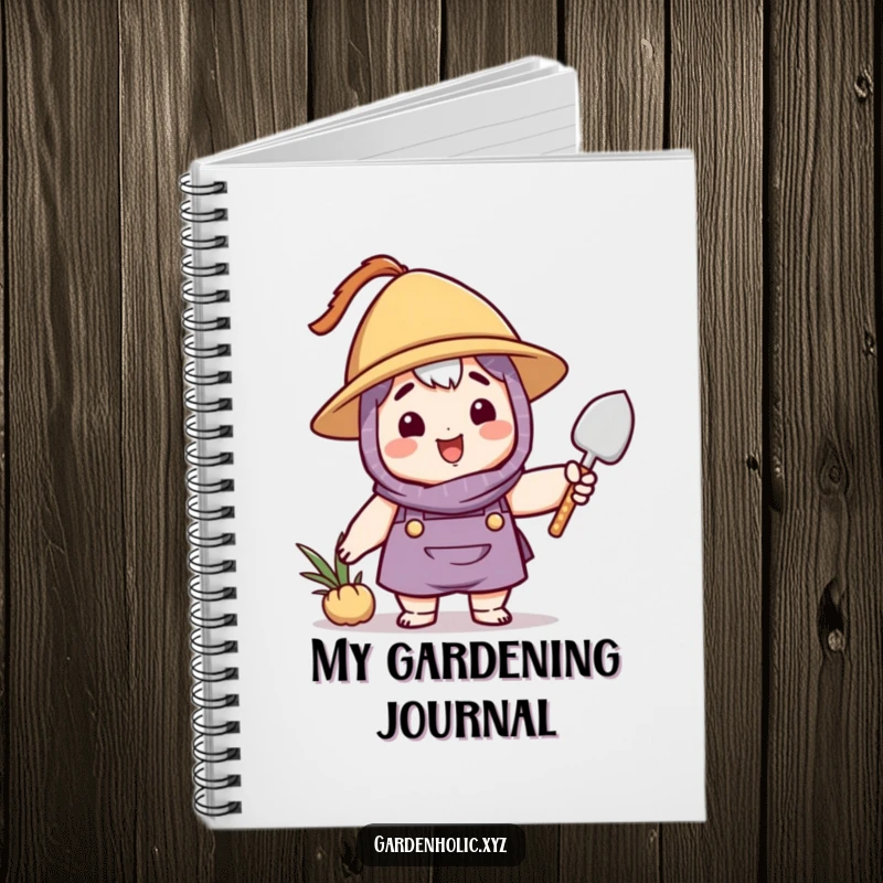 Funny gardener notebook with a character in a hat, happily waving a small trowel, perfect for jotting down notes and ideas.