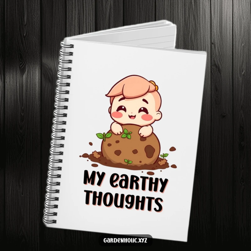 Funny notebook with a happy character rolling a ball of soil, perfect for note-taking and garden planning.