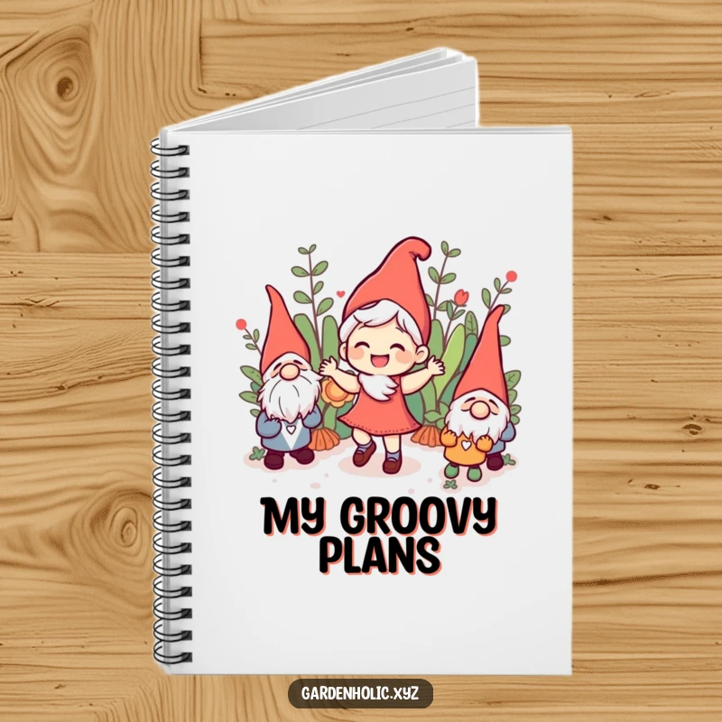 Funny joyful character doing a jig among garden gnomes, featured on a notebook cover, ideal for writing down happy ideas, a useful funny gift.
