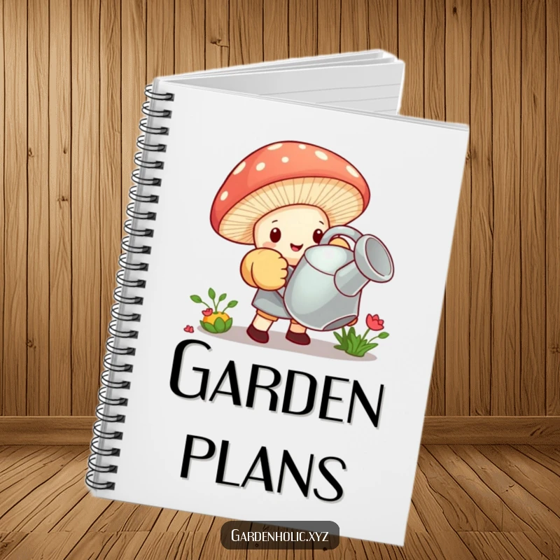 Funny notebook with a tiny mushroom in oversized gardening gloves, struggling to lift a giant watering can, for garden notes.