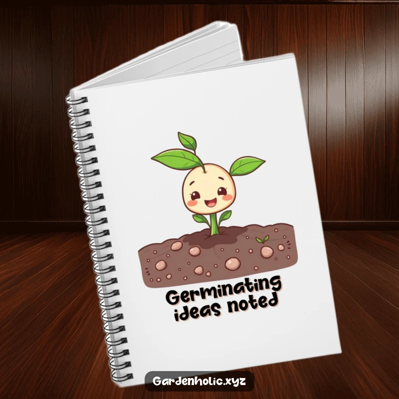 Funny sprout character popping cheerfully out of the ground on a notebook cover.