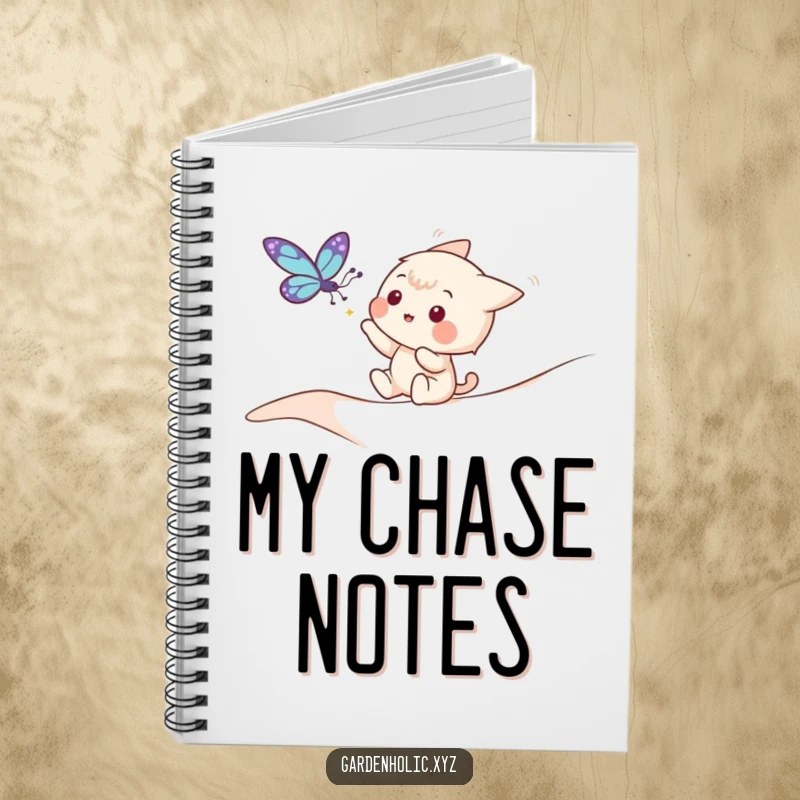 Funny notebook with a playful character trying to catch a fluttering butterfly, perfect for journaling.