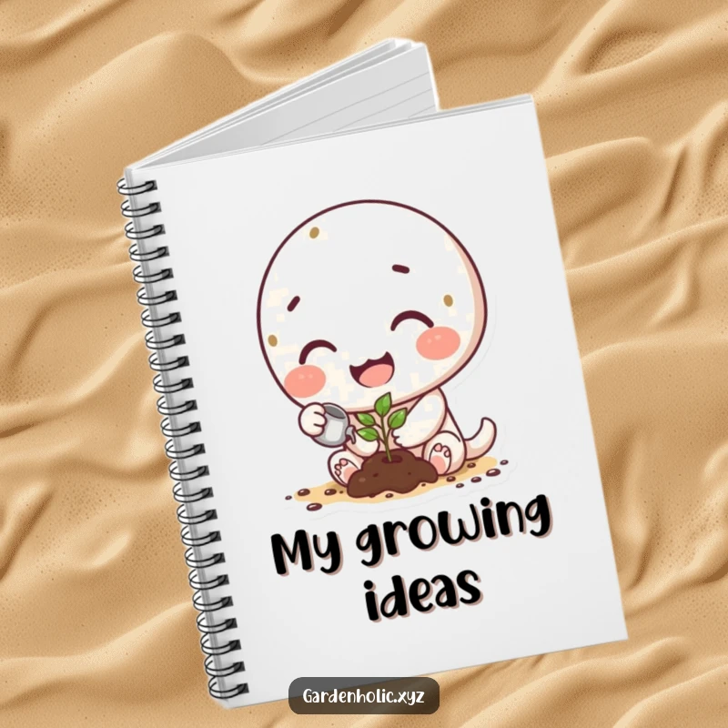 Funny notebook featuring a happy character with dirt smudges watering a tiny sprout, perfect for garden notes.
