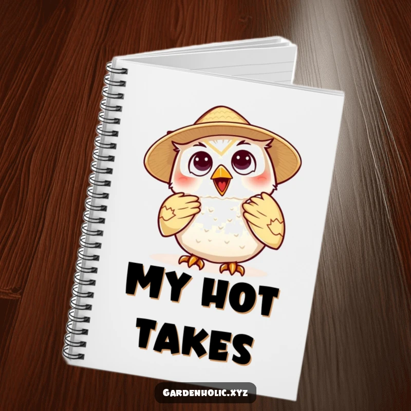 Funny owl notebook, a relaxed character in a straw hat fanning itself, perfect for students and professionals who love witty designs.