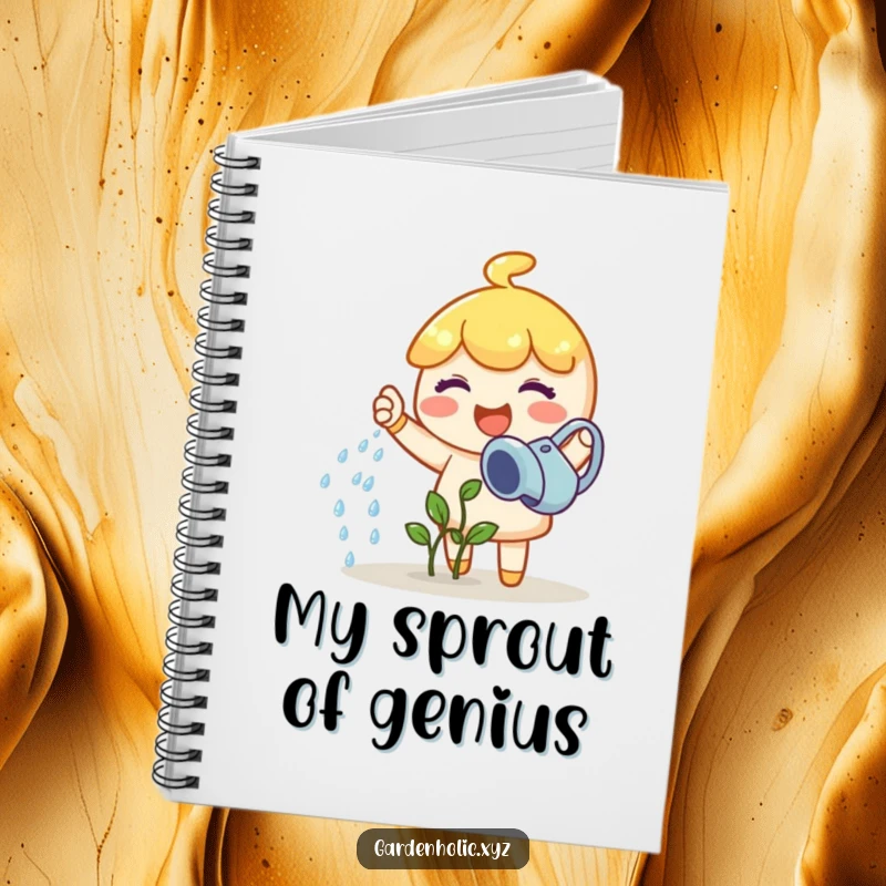Funny gardener notebook with a joyful character happily watering a tiny sprout, a perfect funny gift.