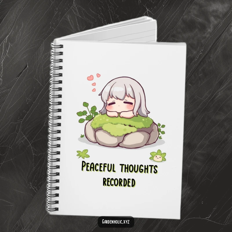 Funny notebook cover with a character sighing contentedly on a mossy stone, ideal for jotting down peaceful reflections.