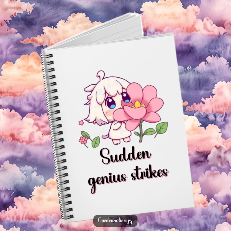 Funny notebook with a surprised character watching a flower bloom rapidly, encouraging creative thinking and note-taking, a useful and funny gift.