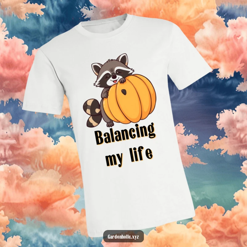 Funny raccoon t-shirt with a giggling raccoon attempting to balance a massive pumpkin, perfect for autumn lovers and fans of cute mischief.