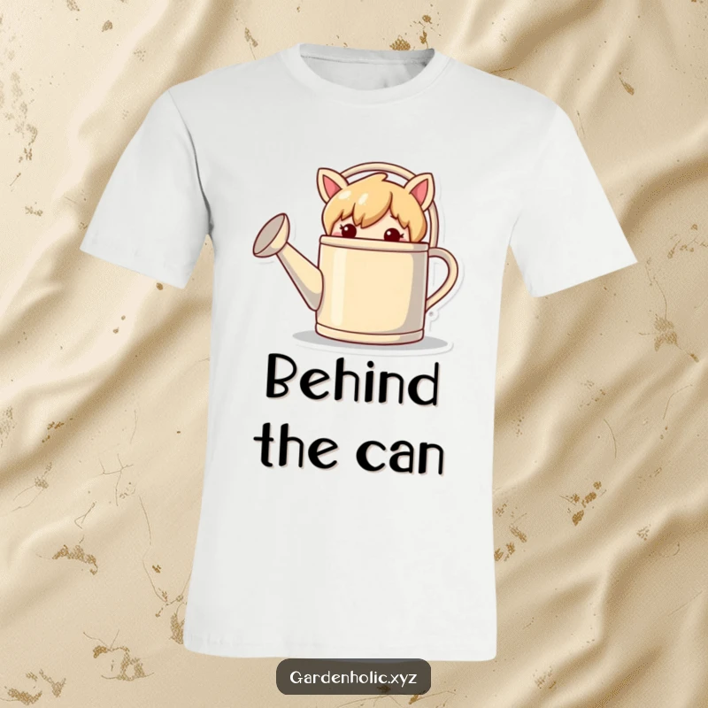 Funny t-shirt featuring a mischievous character playfully concealed behind an oversized watering can in a garden.