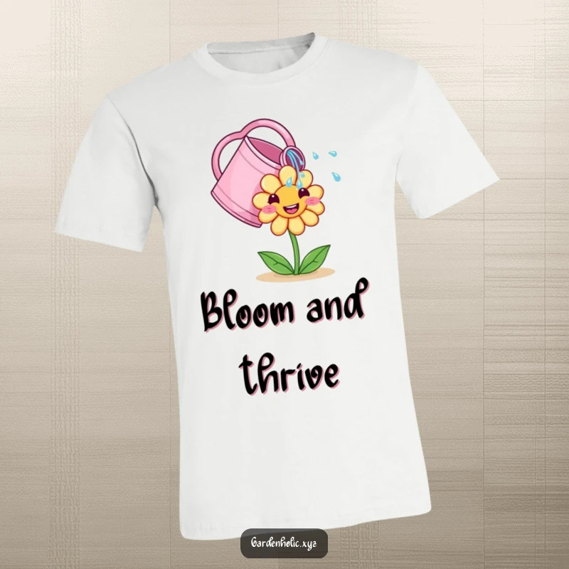 Funny T-Shirt: A cute watering can gently showers a smiling flower with water droplets, showing botanical affection.