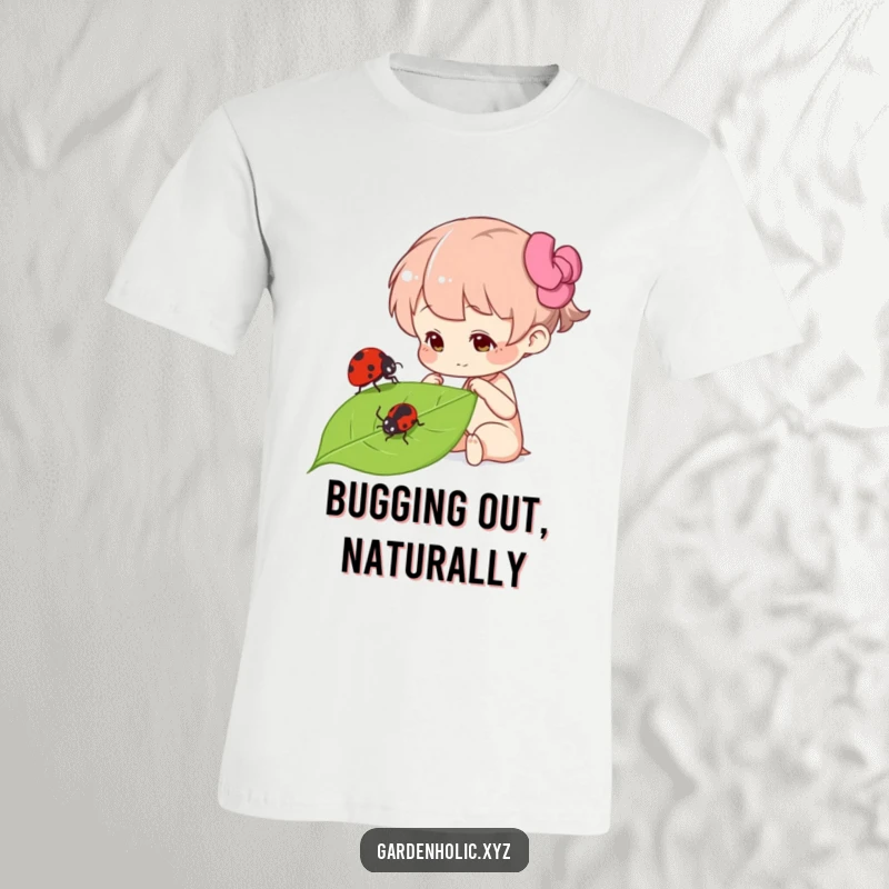 Funny curious character intently looking at a ladybug on a leaf, on this graphic tee, a humorous nature appreciation present.