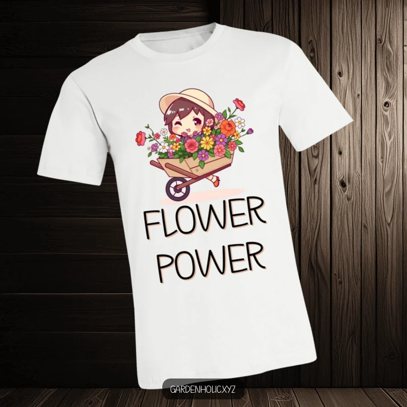 Funny t-shirt with a character exuding playful swagger while carrying a wheelbarrow brimming with fresh, colorful flowers.