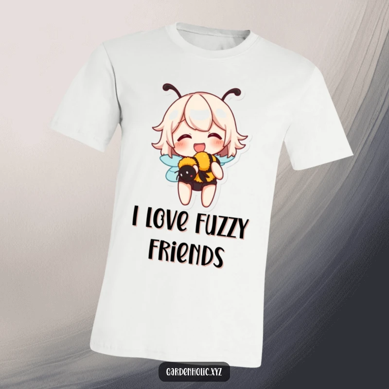 Funny t-shirt of a character giggling while tenderly holding a buzzing bumblebee, celebrating harmony with nature.