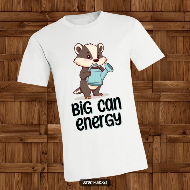 Funny T-Shirt: A resolute badger character straining under the weight of a comically large watering can, representing effort and humor.