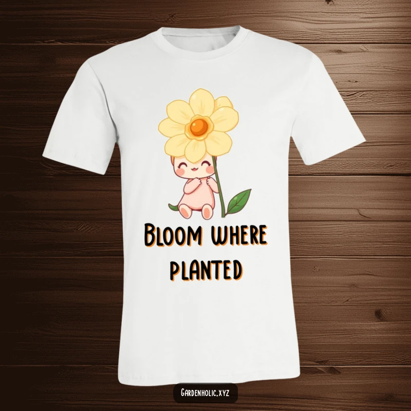 Funny t-shirt with a happy character mesmerized by a vibrant, blooming flower, showcasing pure joy and outdoor appreciation.