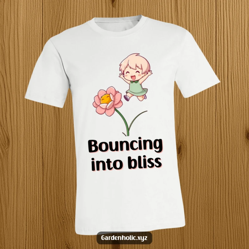 Funny T-Shirt: Character joyfully leaping over a large, colorful blooming flower, conveying energy and happiness.