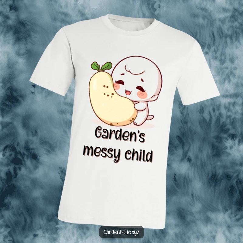 Funny Gardener T-Shirt: A giggling character with dirty cheeks admires a big vegetable, celebrating the joys of gardening humorously.