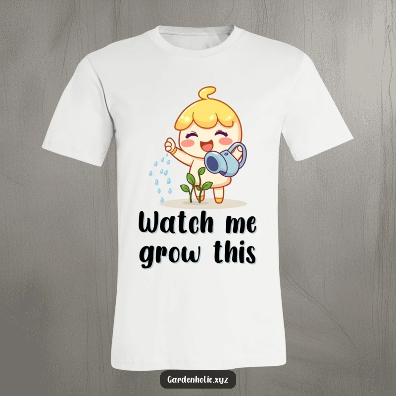Funny gardener t-shirt with a joyful character watering a tiny sprout, an ideal funny gift.