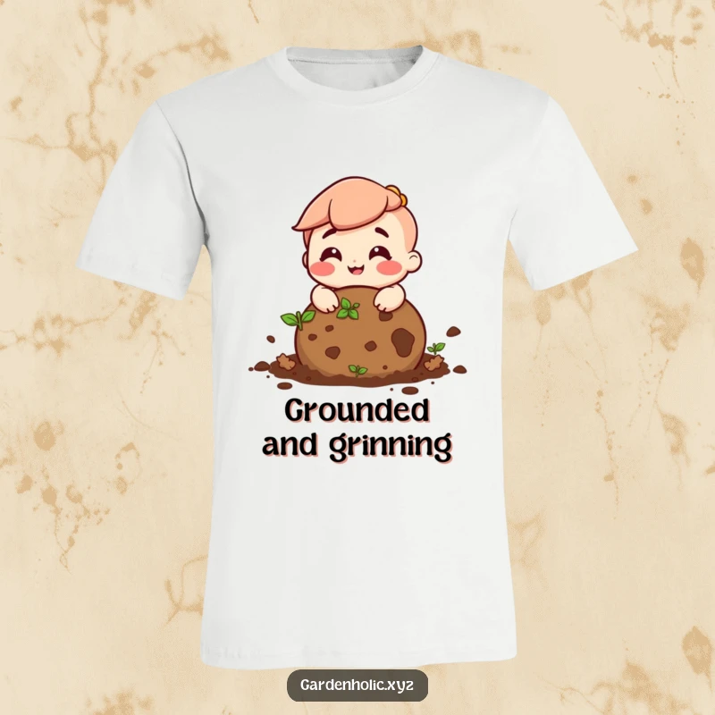 Funny t-shirt depicting a beaming character happily rolling a ball of soil, embodying a love for cultivation.