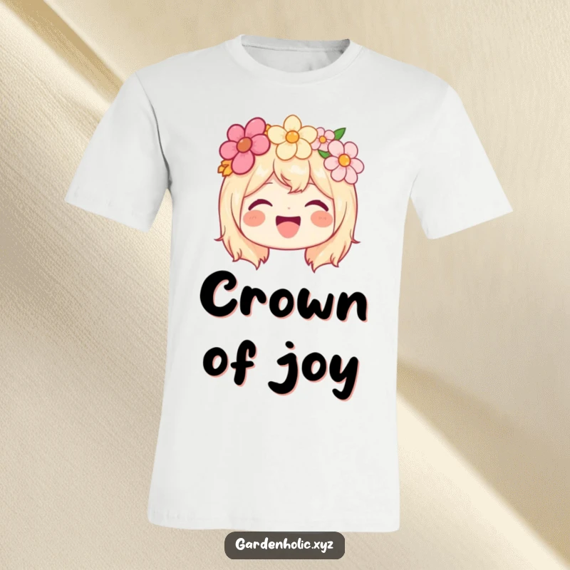 Funny t-shirt featuring a beaming, joyful character adorned with a colorful and beautiful flower crown.