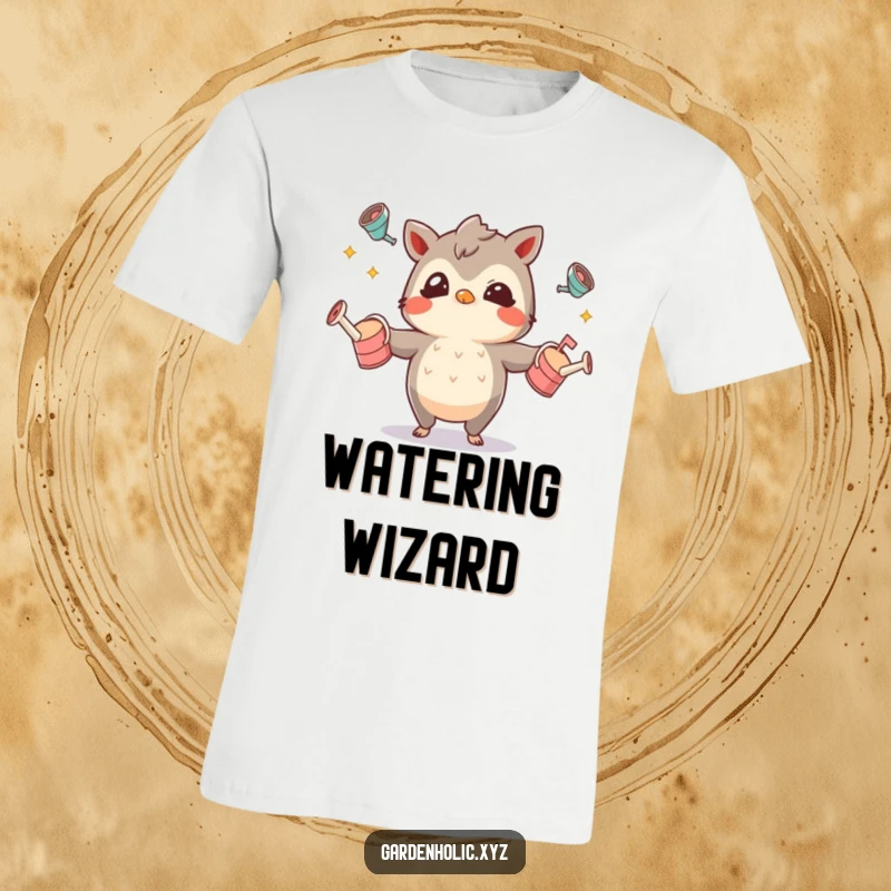 Funny t-shirt depicting a character with a mischievous sparkle juggling multiple small watering cans with skill and humor.