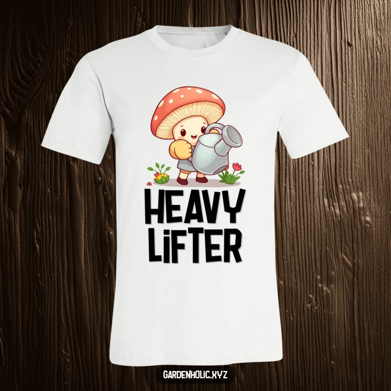 Funny t-shirt showing a tiny mushroom in oversized gardening gloves struggling to lift a giant watering can, perfect for gardeners.