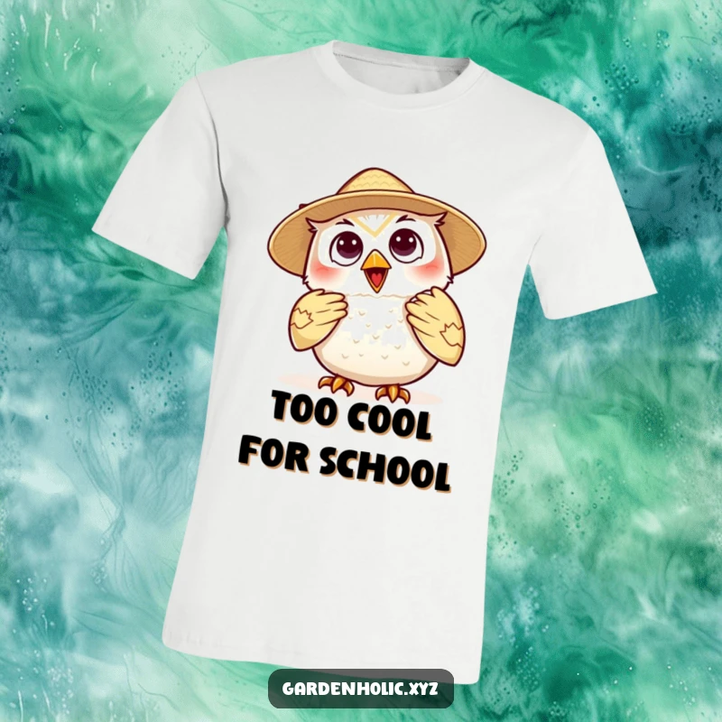 Funny owl straw hat t-shirt, a happy character wearing summer headwear and using a fan, exuding a vibe of cool comfort.