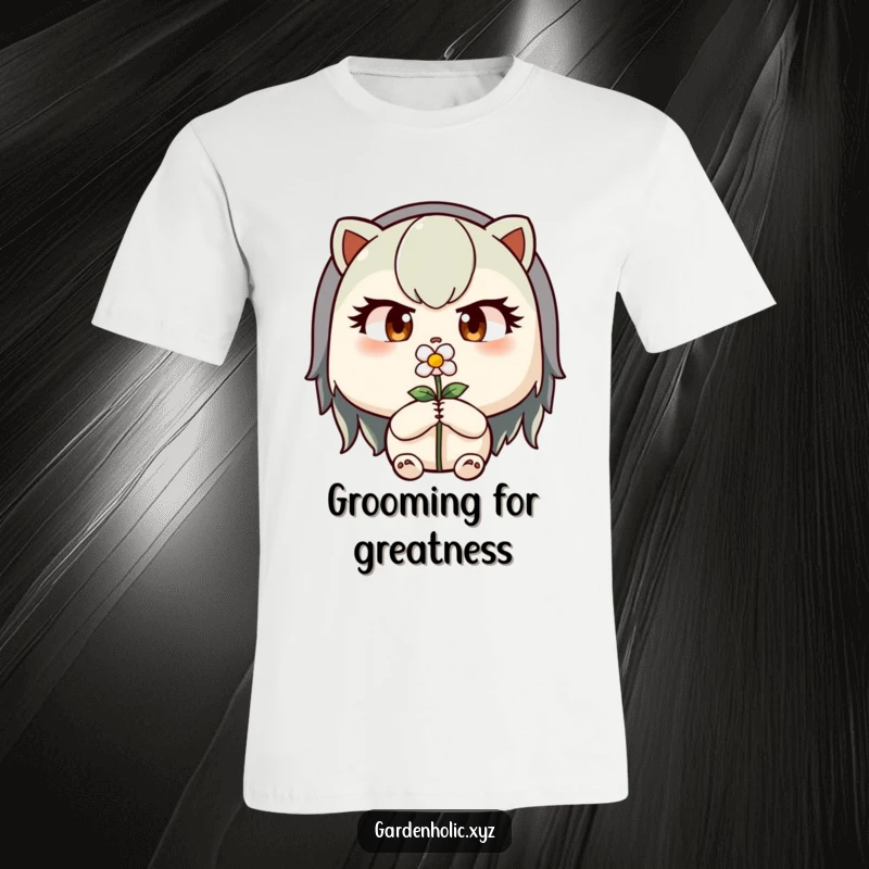 Funny t-shirt with a determined character, focused eyes, meticulously pruning a tiny, delicate flower.