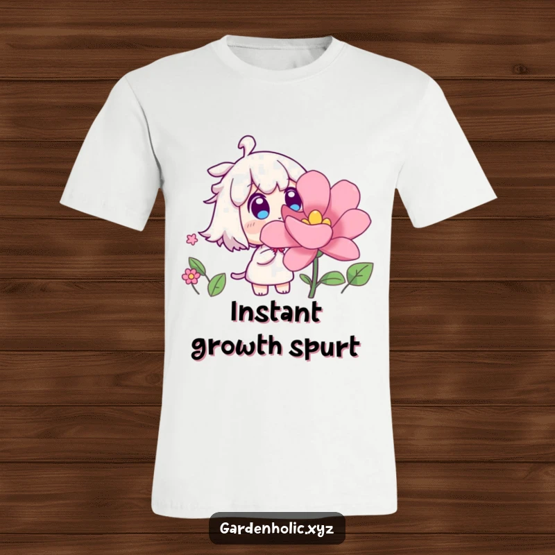 Funny t-shirt with a surprised character witnessing a flower bloom rapidly, representing astonishment and the beauty of nature, a whimsical funny gift.