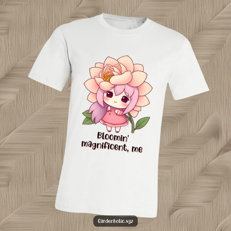 Funny t-shirt featuring a cheerful character admiring a large, freshly bloomed flower, conveying happiness and a love for nature.