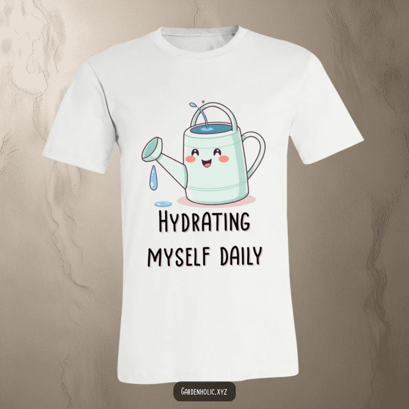 Funny watering can t-shirt with a tiny, delighted face on the can, comically spilling water onto its own spout, celebrating self-care.
