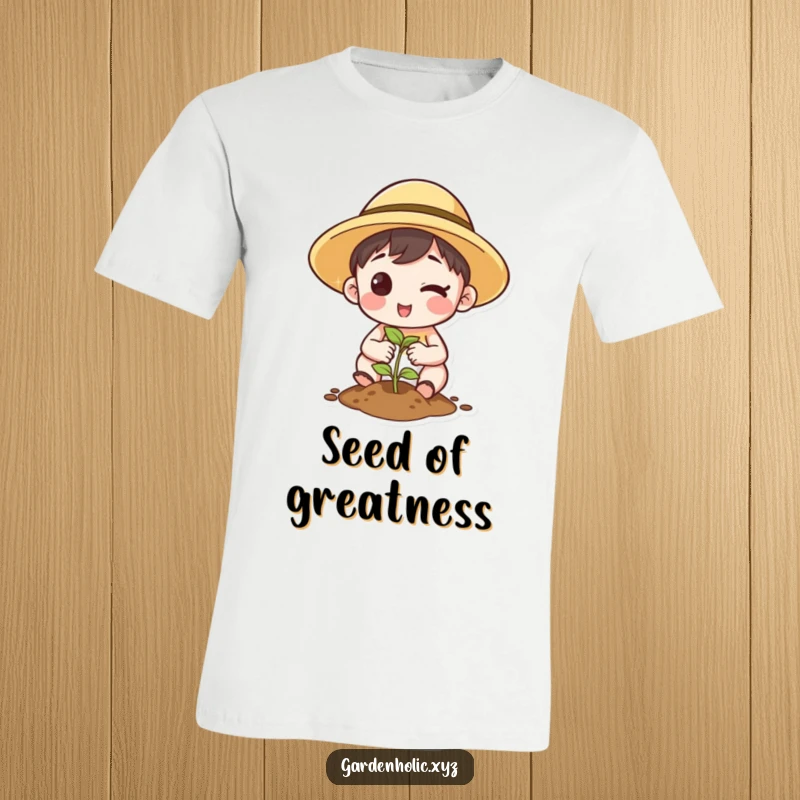 Funny T-Shirt: A character wearing a sun hat winks while planting a seed, symbolizing hope and new growth.