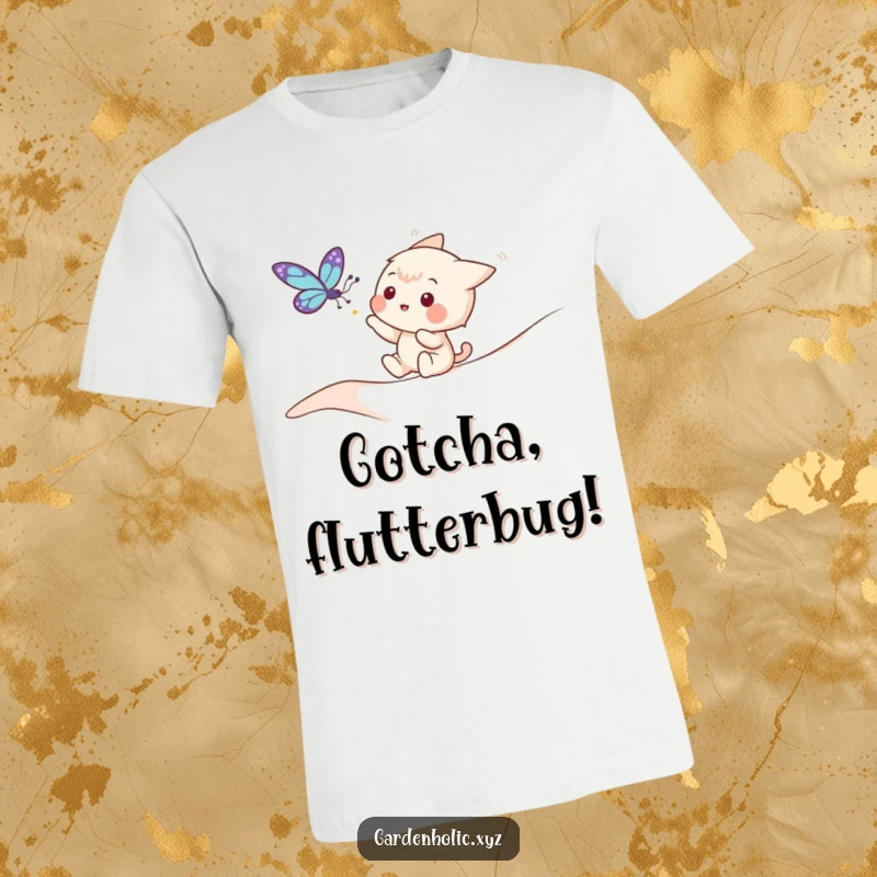 Funny t-shirt showing a playful character reaching out to catch a fluttering butterfly amidst nature.