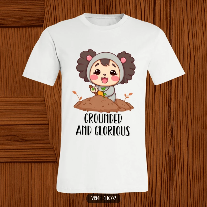 Funny t-shirt depicting a cheerful character joyfully digging in loamy soil, perfect for garden enthusiasts and nature lovers.